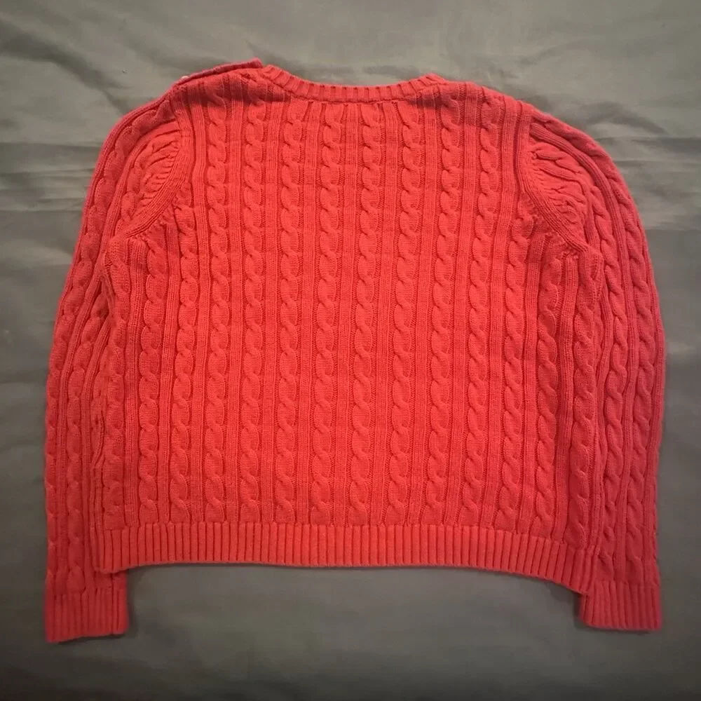 Lands End Cable Knit Sweater Cherry Red Womens XL Crewneck Shoulder Button